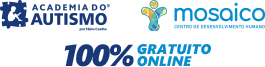 Logo da Academia do Autismo, por Fábio Coelho. Logo da Mosaico, centro de desenvolvimento humano. Cartilha 100% Gratuito e Online.